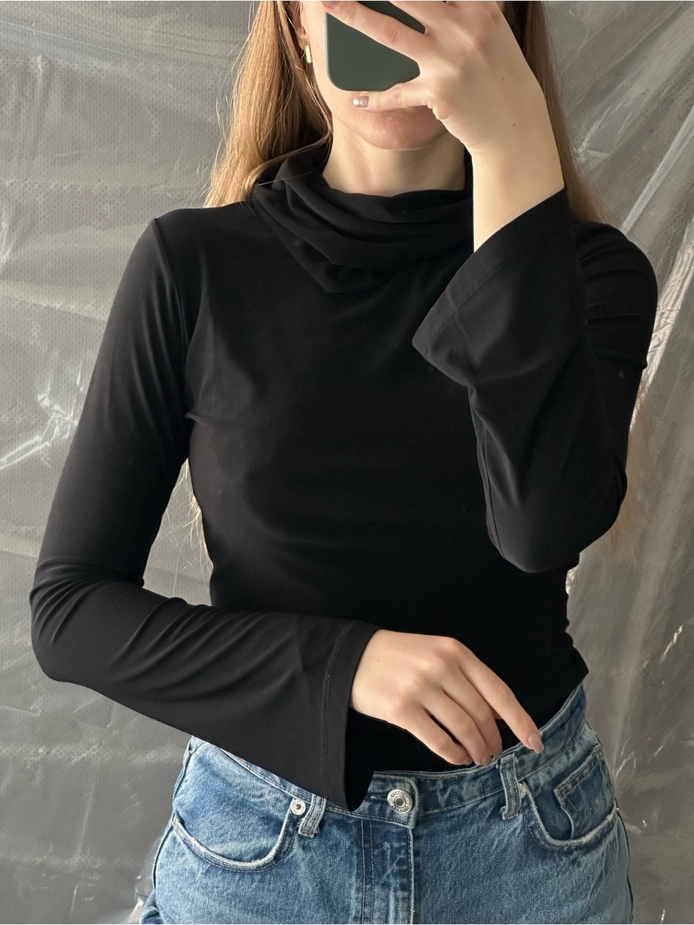 Source Unknown Black Long-Sleeve Draped Mock Neck Top
